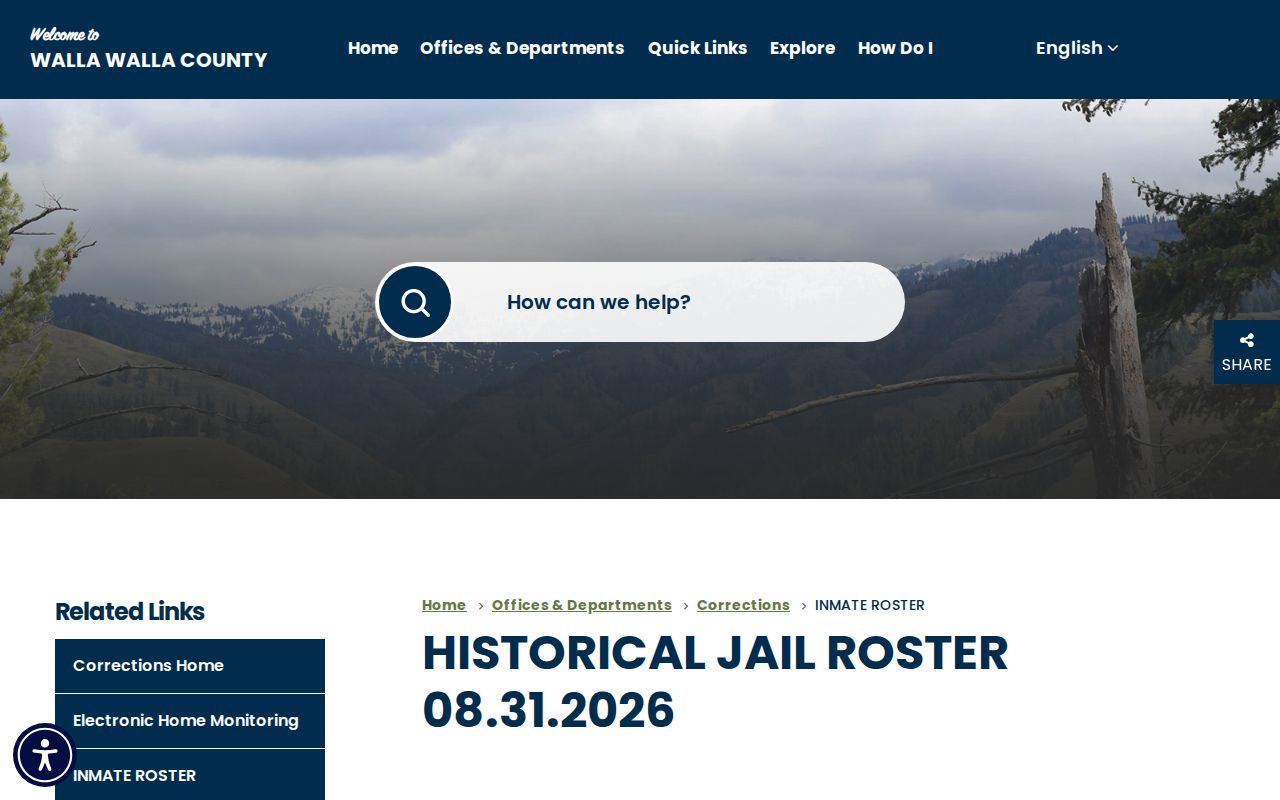 Walla Walla County Corrections inmate roster landing page